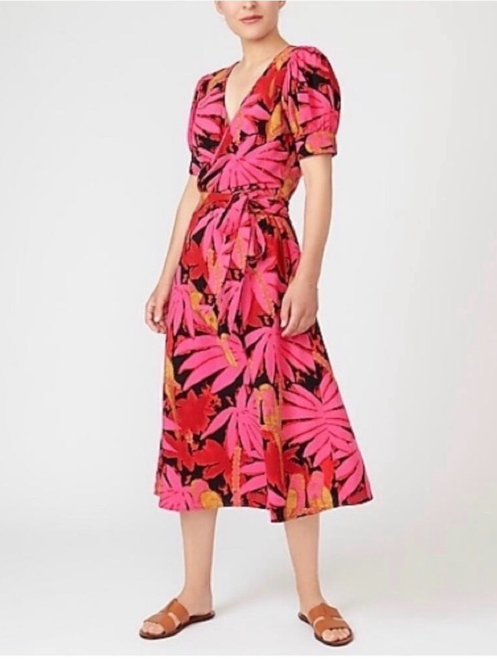 J. Crew Pink and Red Tropical-Print Wrap Midi Dress